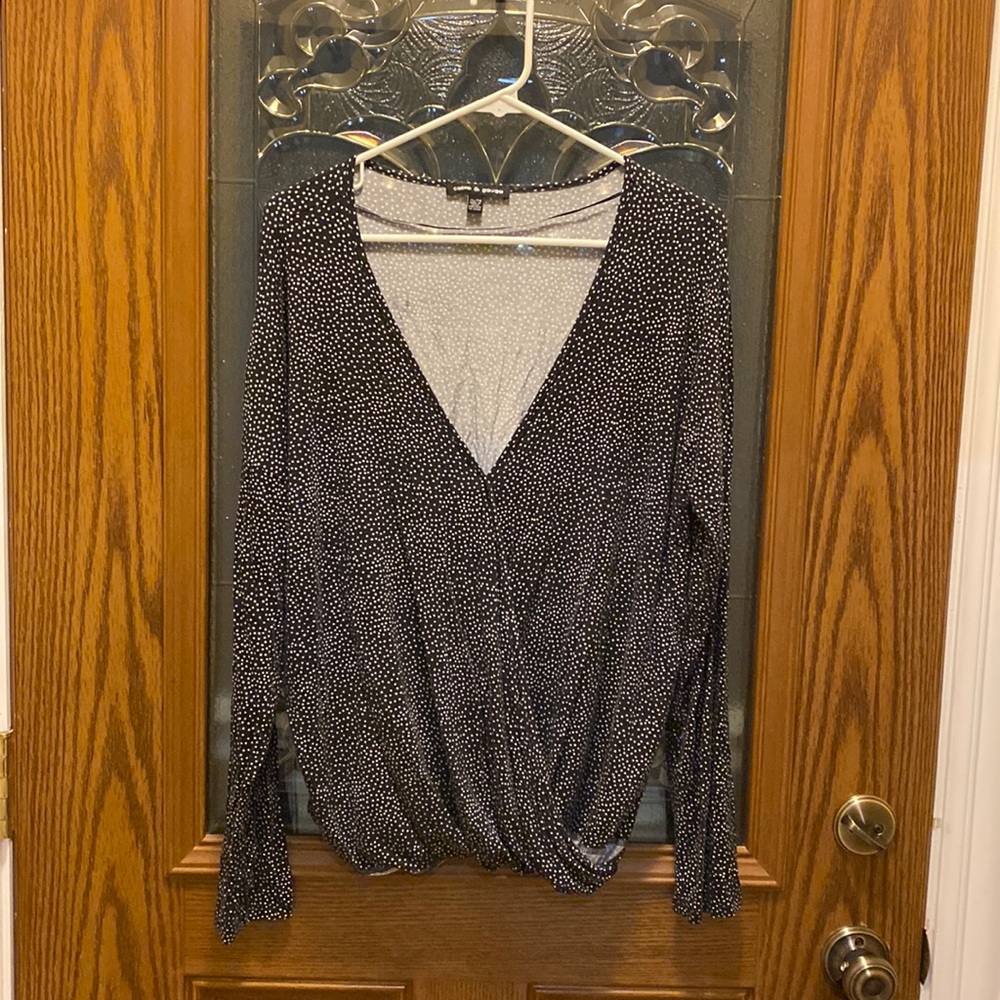 V neck black with white polka dot blouse